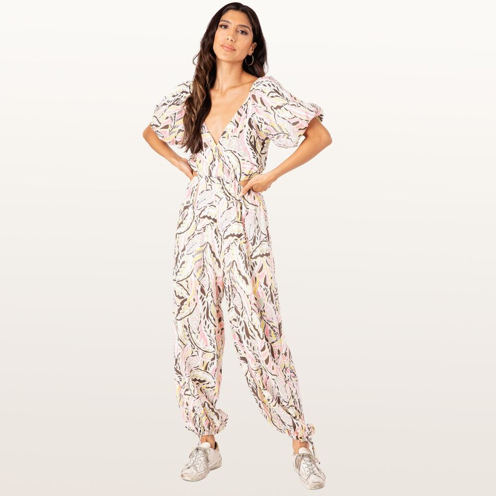 Pink Leaf Print Jumpsuit Open Back Wide Leg Resort Outfit